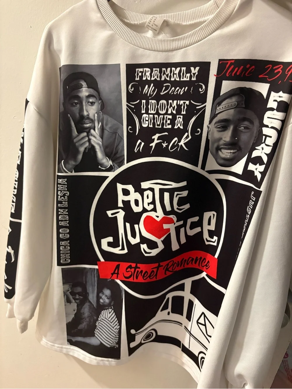 Poetic Justice Graphic Pullover Sweatshirt - White with Black & Red Print